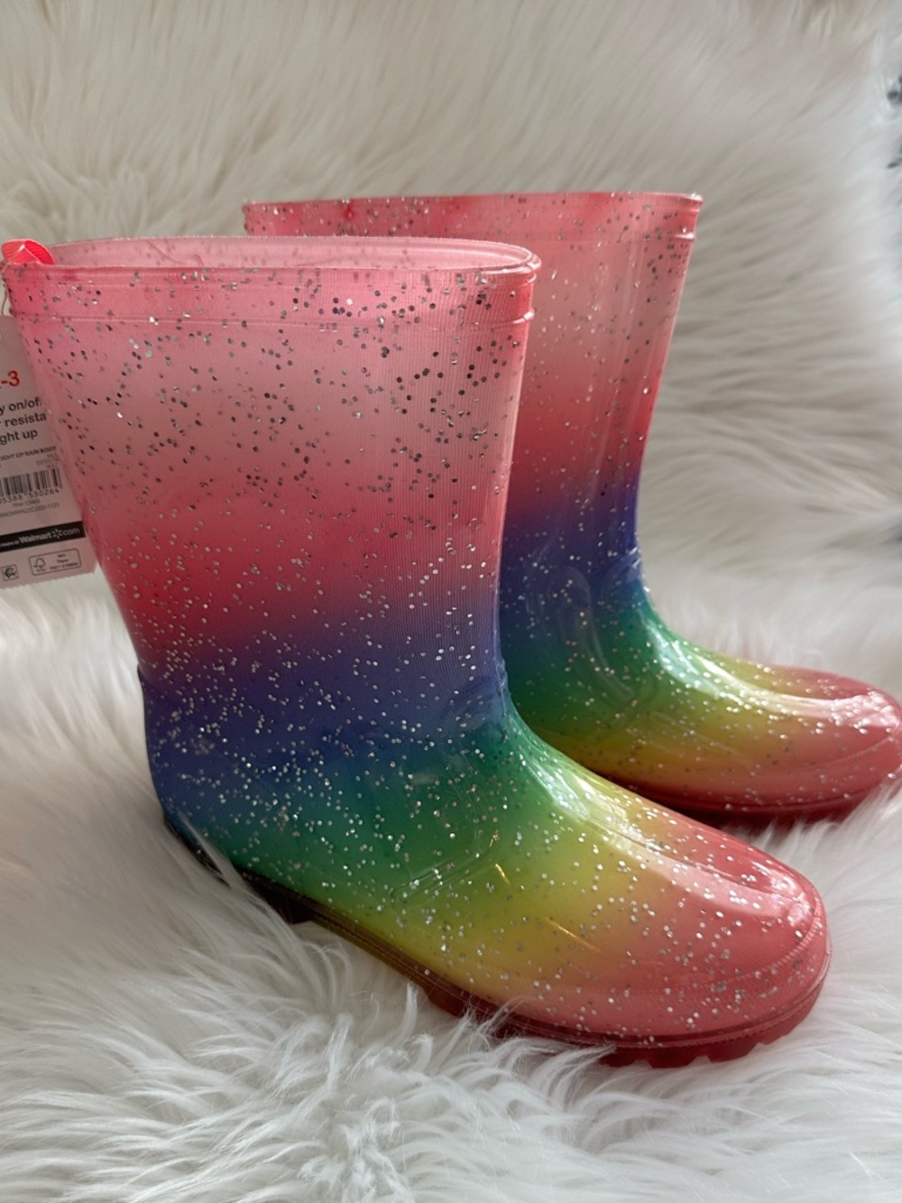 NWTS Wonder Nation Pink Glitter Ombre Light Up Rain Boots w/Yellow Accent Sz 2-3